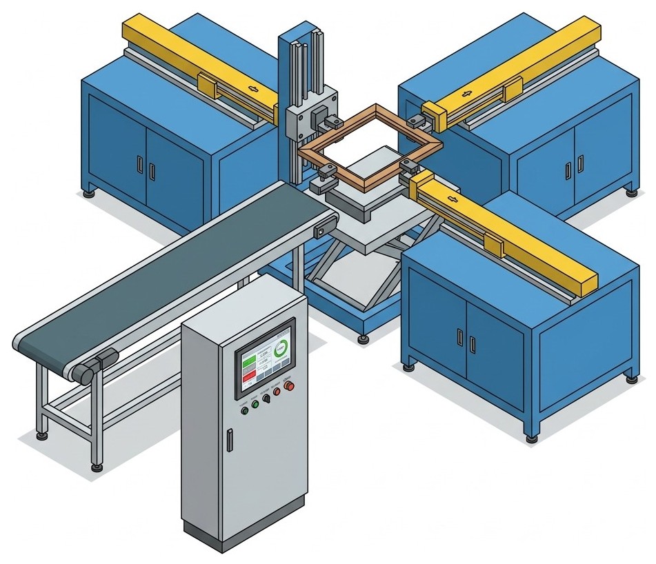 Technical illustration of the picture-frame machine with four-side feed, mitre press, electrical cabinet and conveyor belt