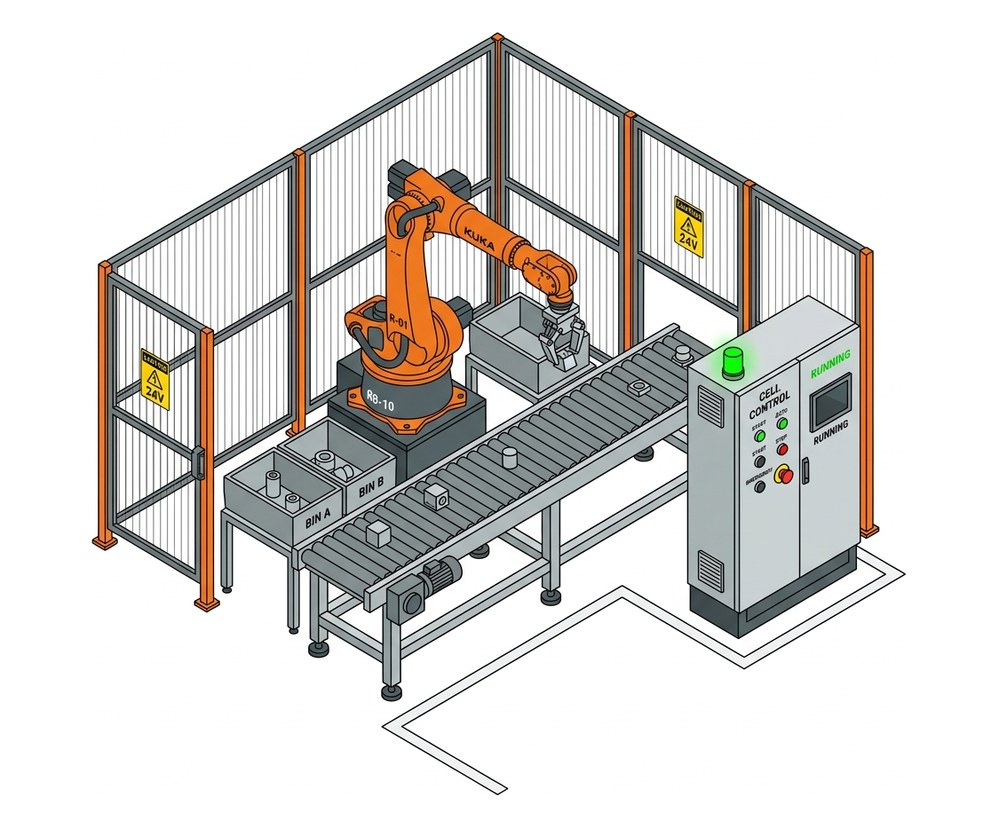 Technical illustration of a robot cell with a six-axis robot, conveyor belt and electrical cabinet