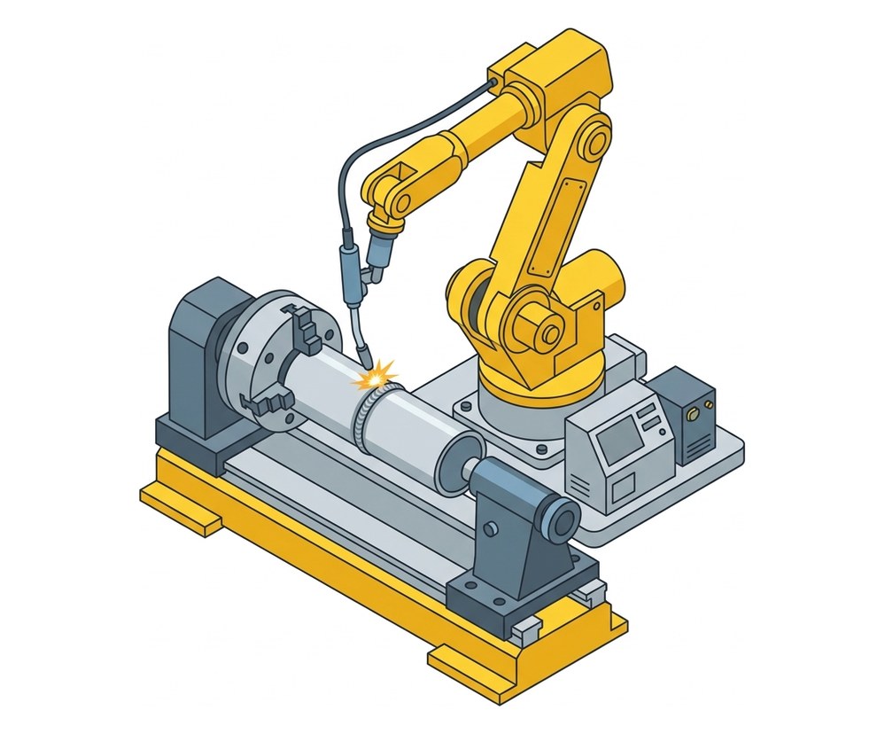 Technical illustration of a recipe-controlled welding cell for socket-and-pin joints with robot