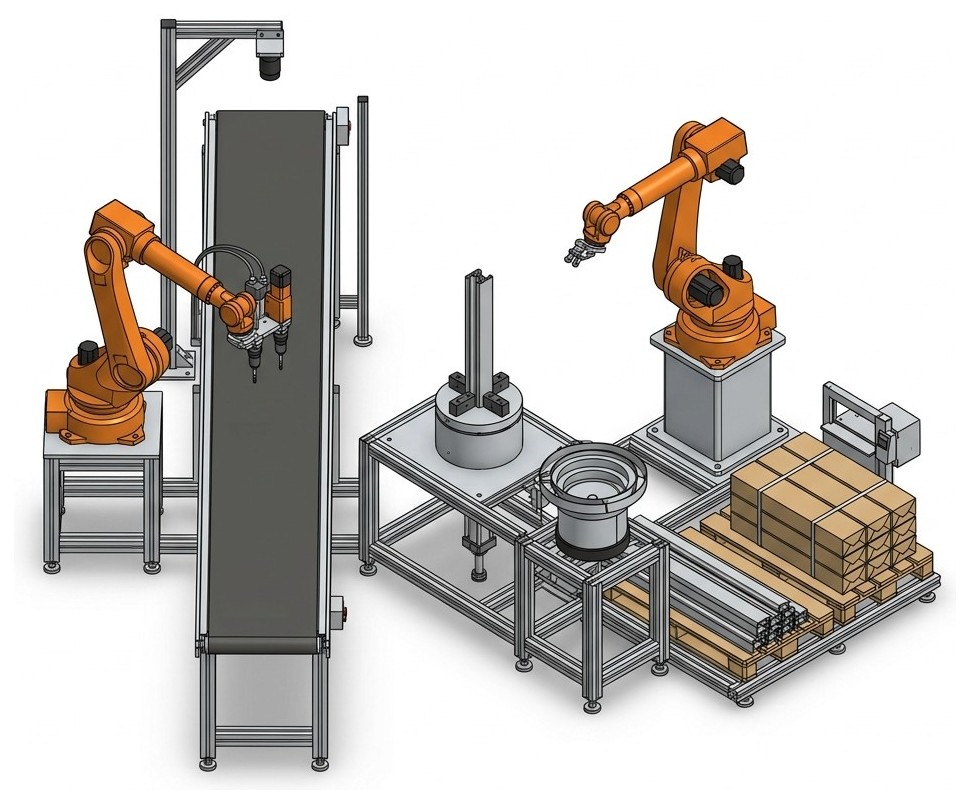 Technical illustration of a robot cell with two KUKA six-axis robots, rotary table, conveyor belt and palletising
